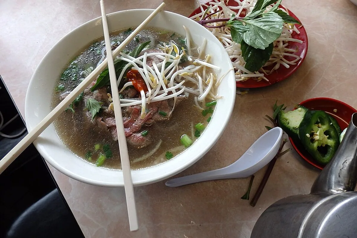 Beef pho with rice noodles sliced beef bean sprouts scallions and herbs