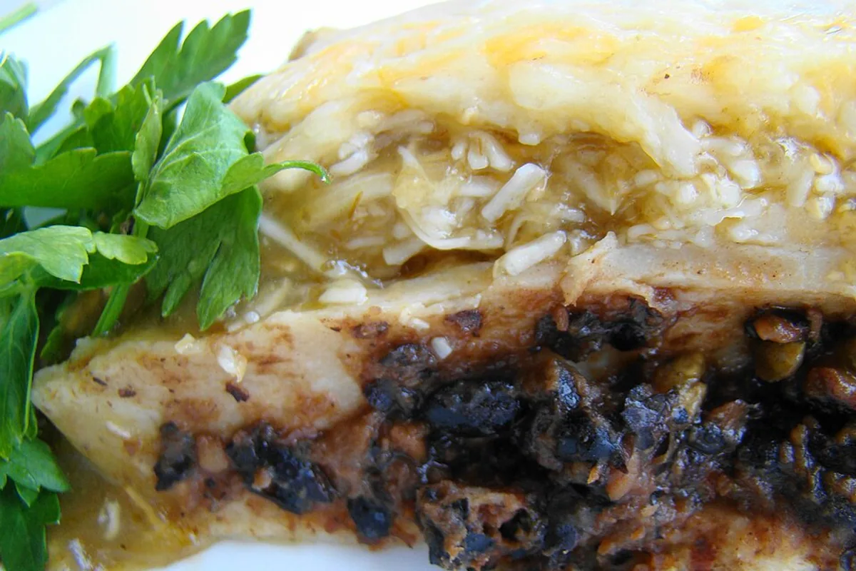 Black bean enchilada with green sauce dairy-free cheese and parsley