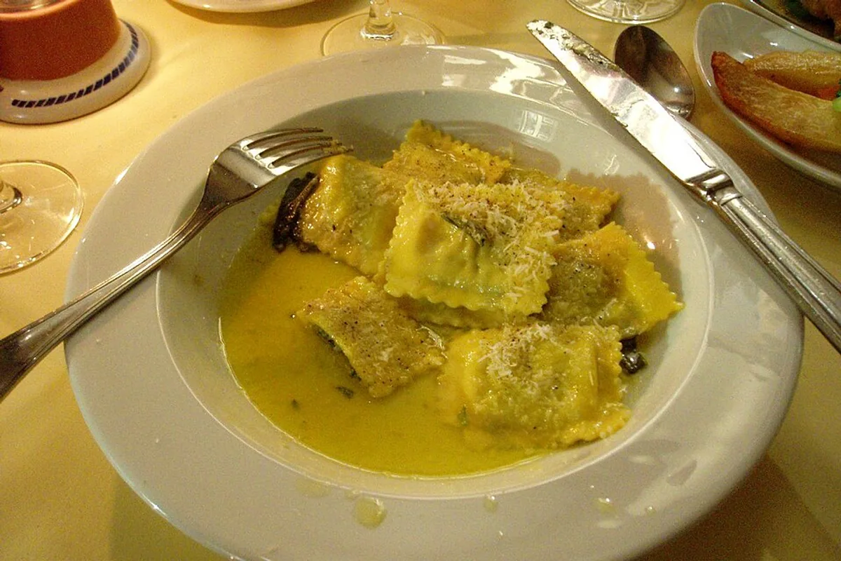 Spinach and cheese ravioli in golden sage butter with Parmesan