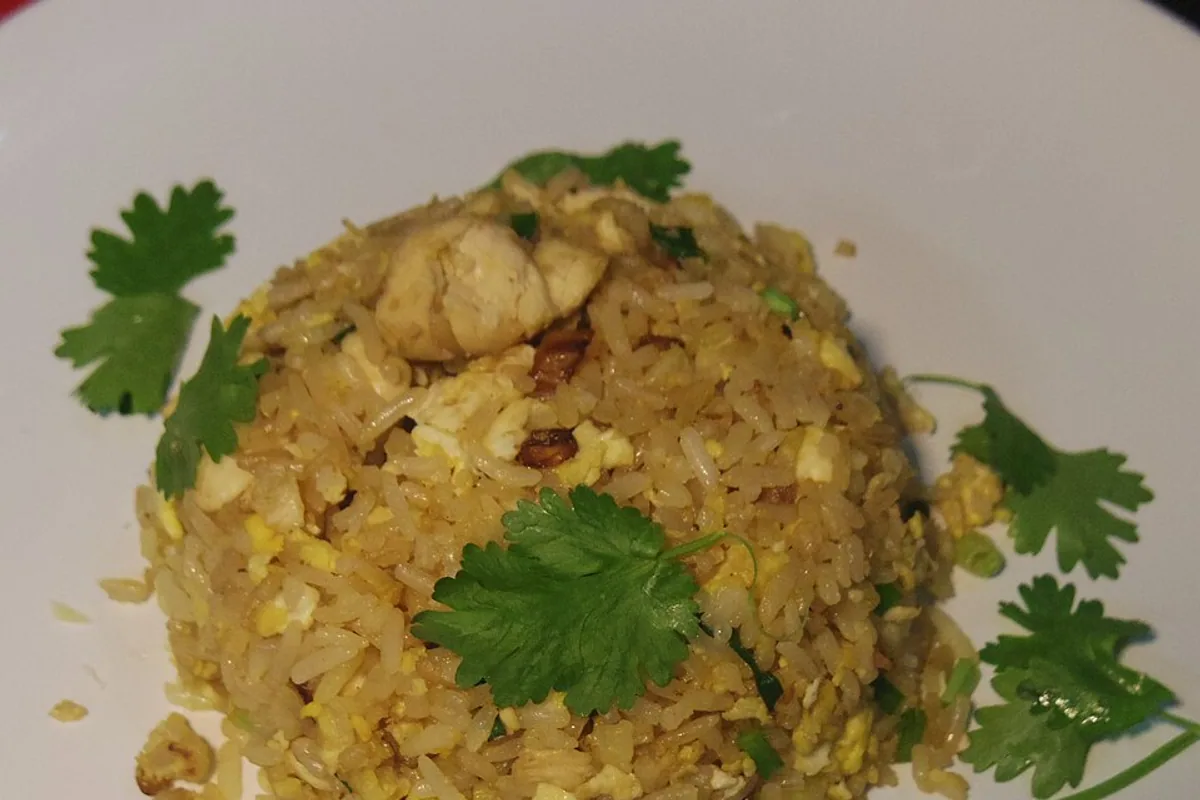Mound of chicken fried rice with scallions and cilantro