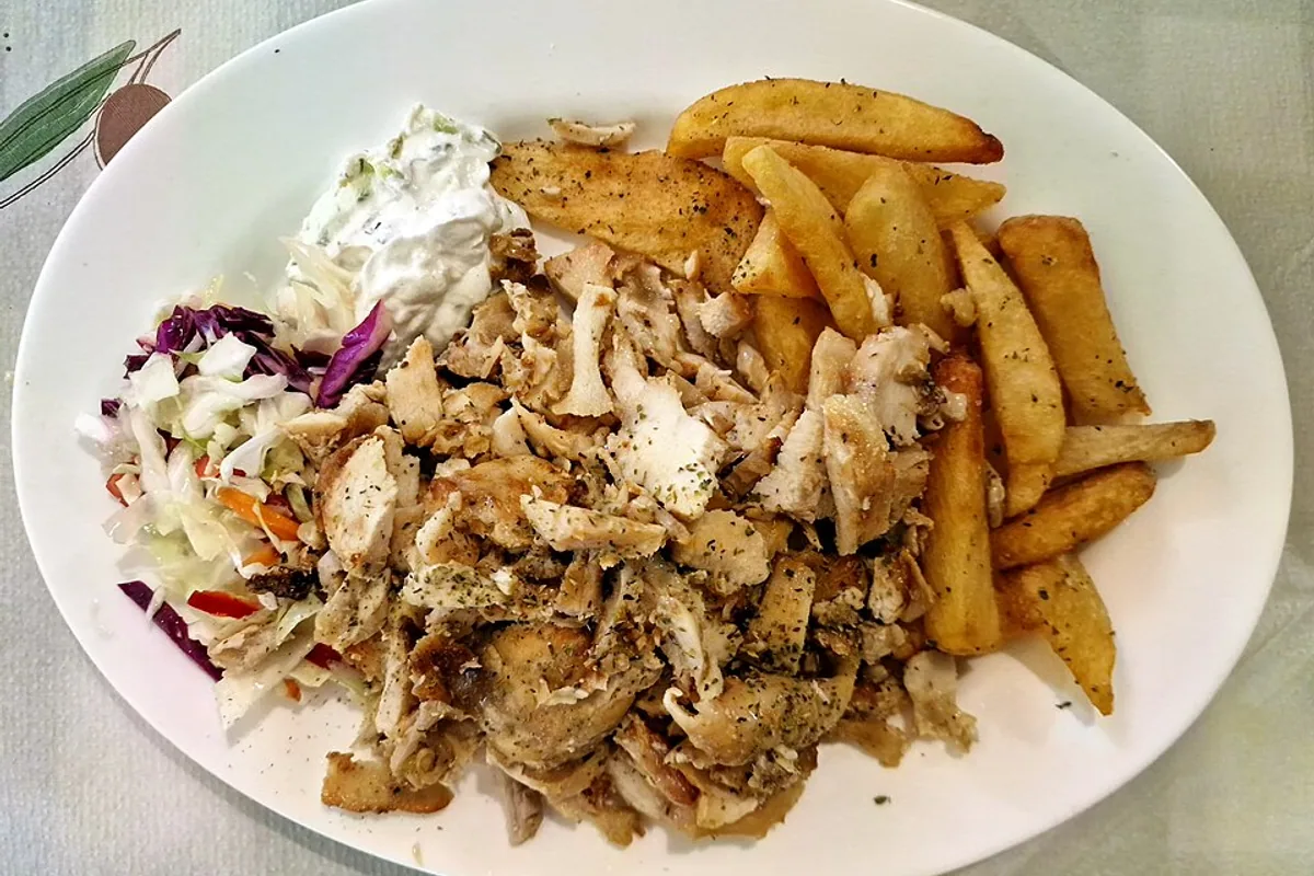 Chicken gyro plate with fries pita cabbage salad and tzatziki