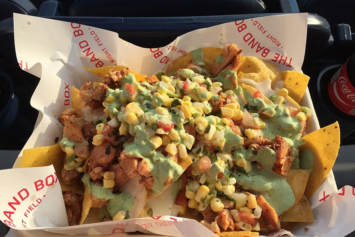 Chicken nachos with corn avocado tomato scallions cheese and sour cream
