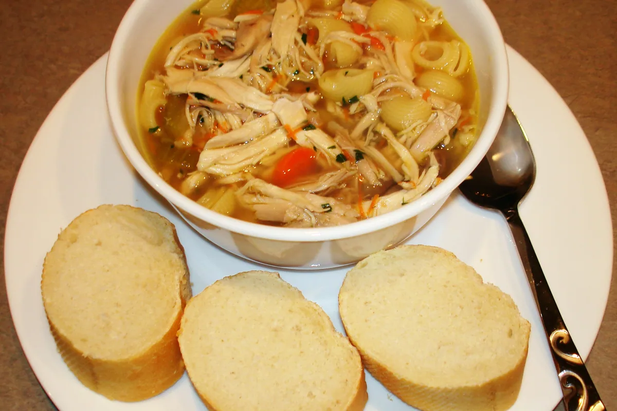 Bowl of chicken noodle soup with carrots celery and shredded chicken