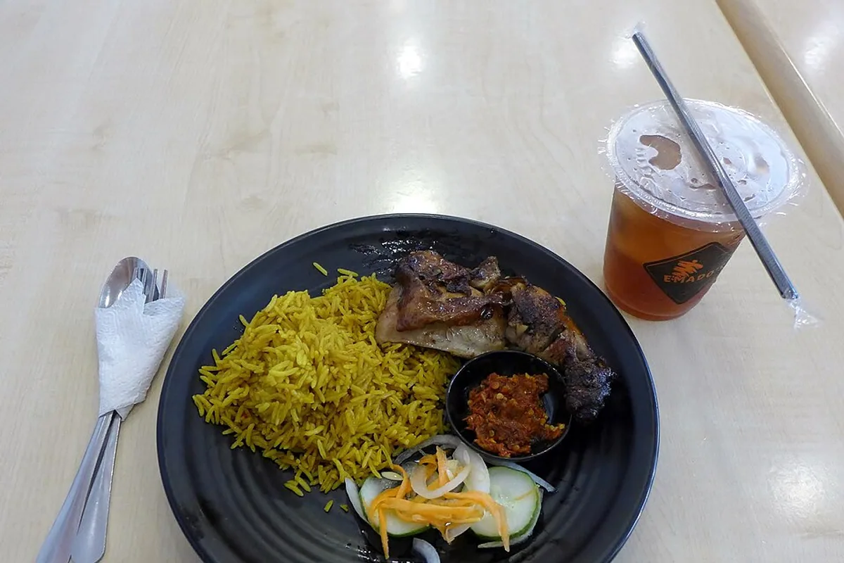 Chicken shawarma plate with yellow rice vegetables and creamy garlic sauce