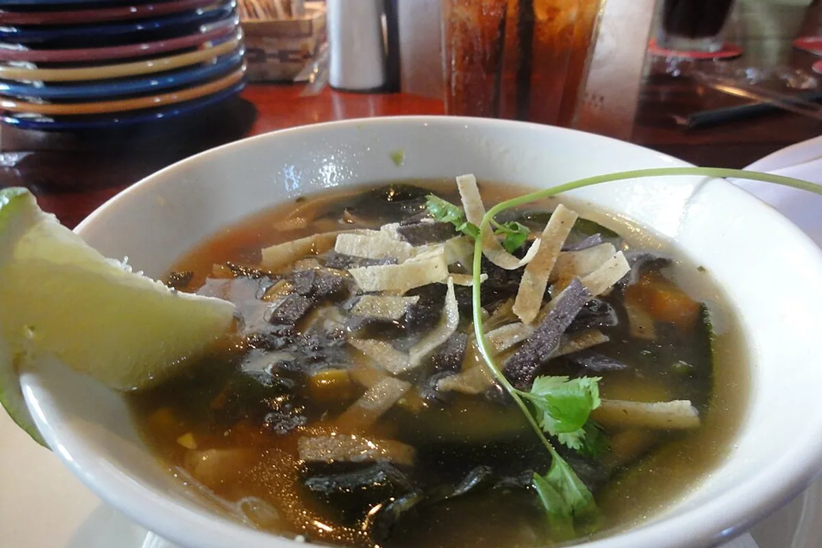 Chicken tortilla soup with tomato broth chicken tortilla strips lime and cilantro