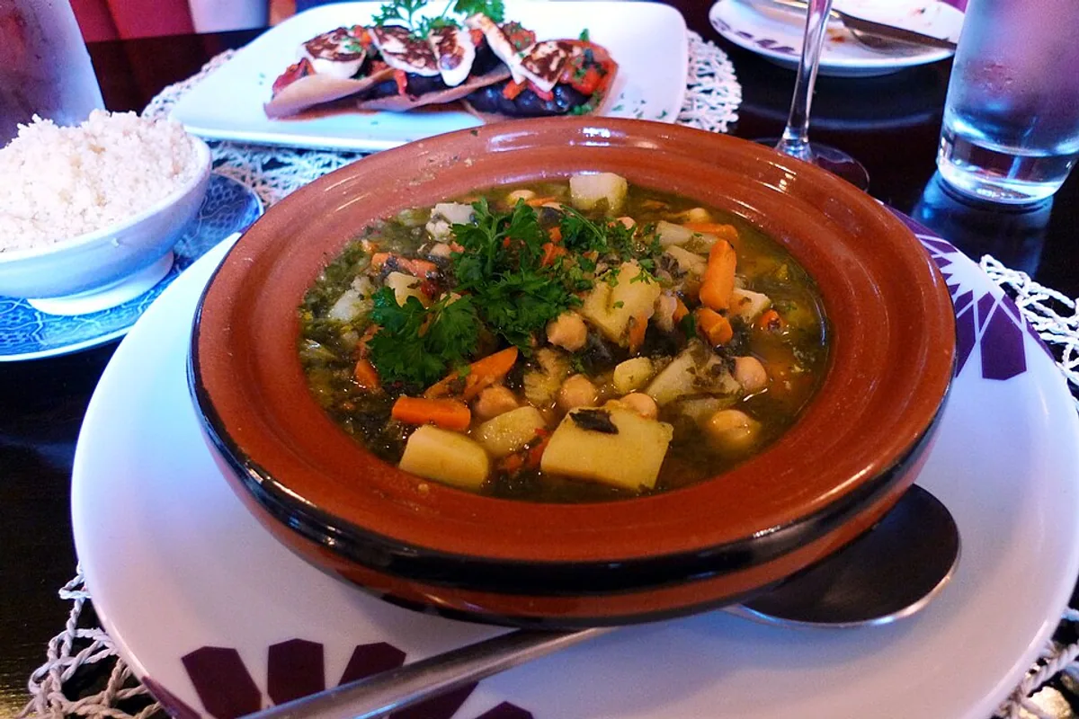 Chickpea tagine with potatoes carrots tomato broth and cilantro