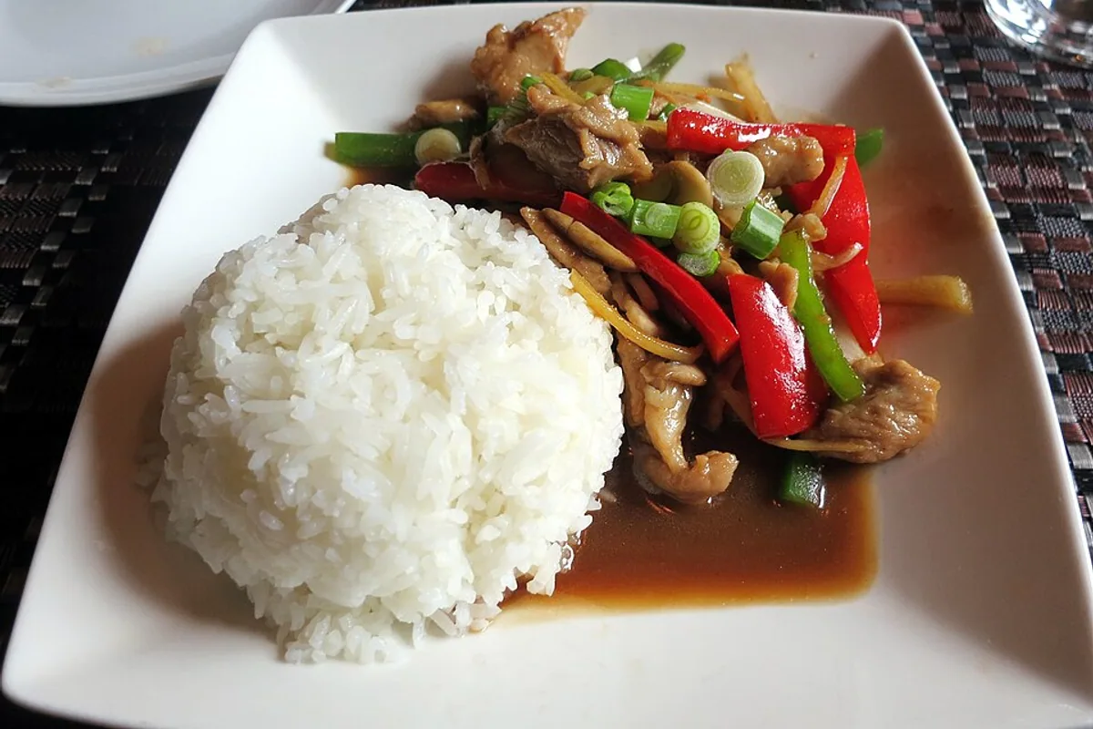 Ginger pork stir fry with red and green peppers dark sauce and white rice