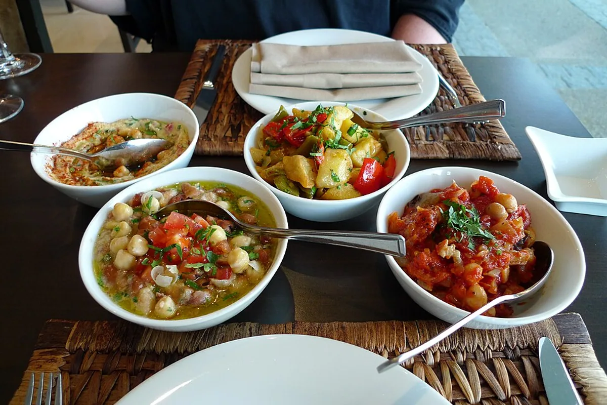 Lebanese moussaka bowls with eggplant chickpeas tomato peppers herbs and flatbread