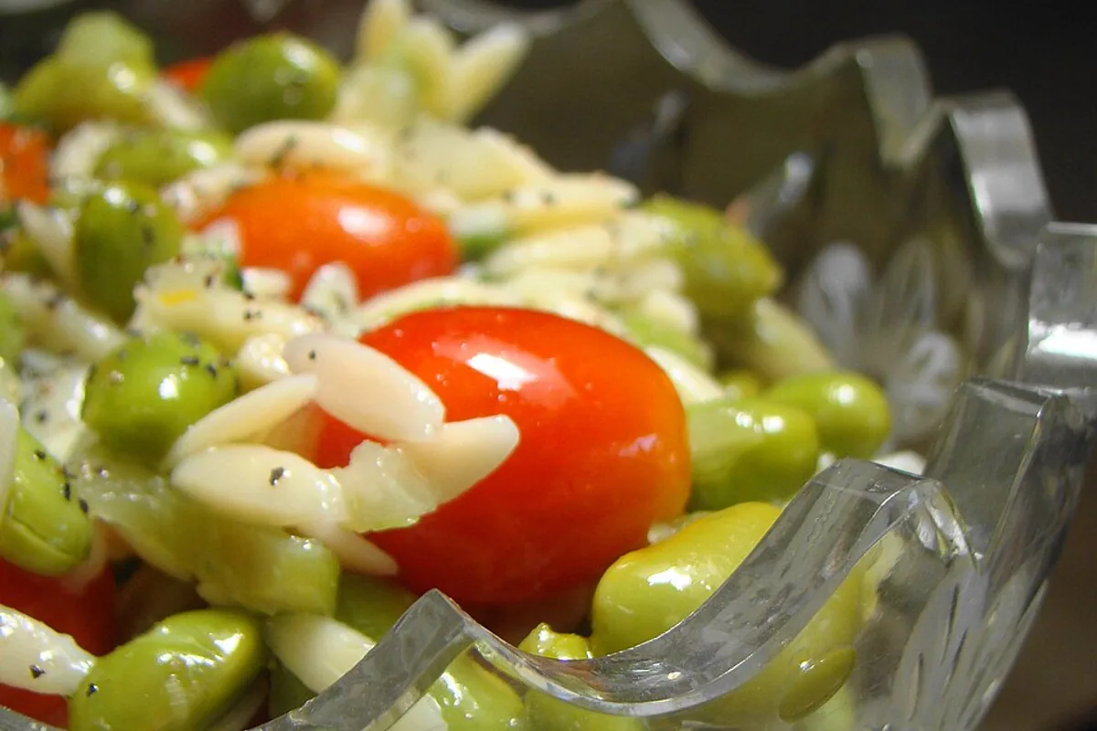 Lemongrass orzo salad with edamame cherry tomatoes and celery