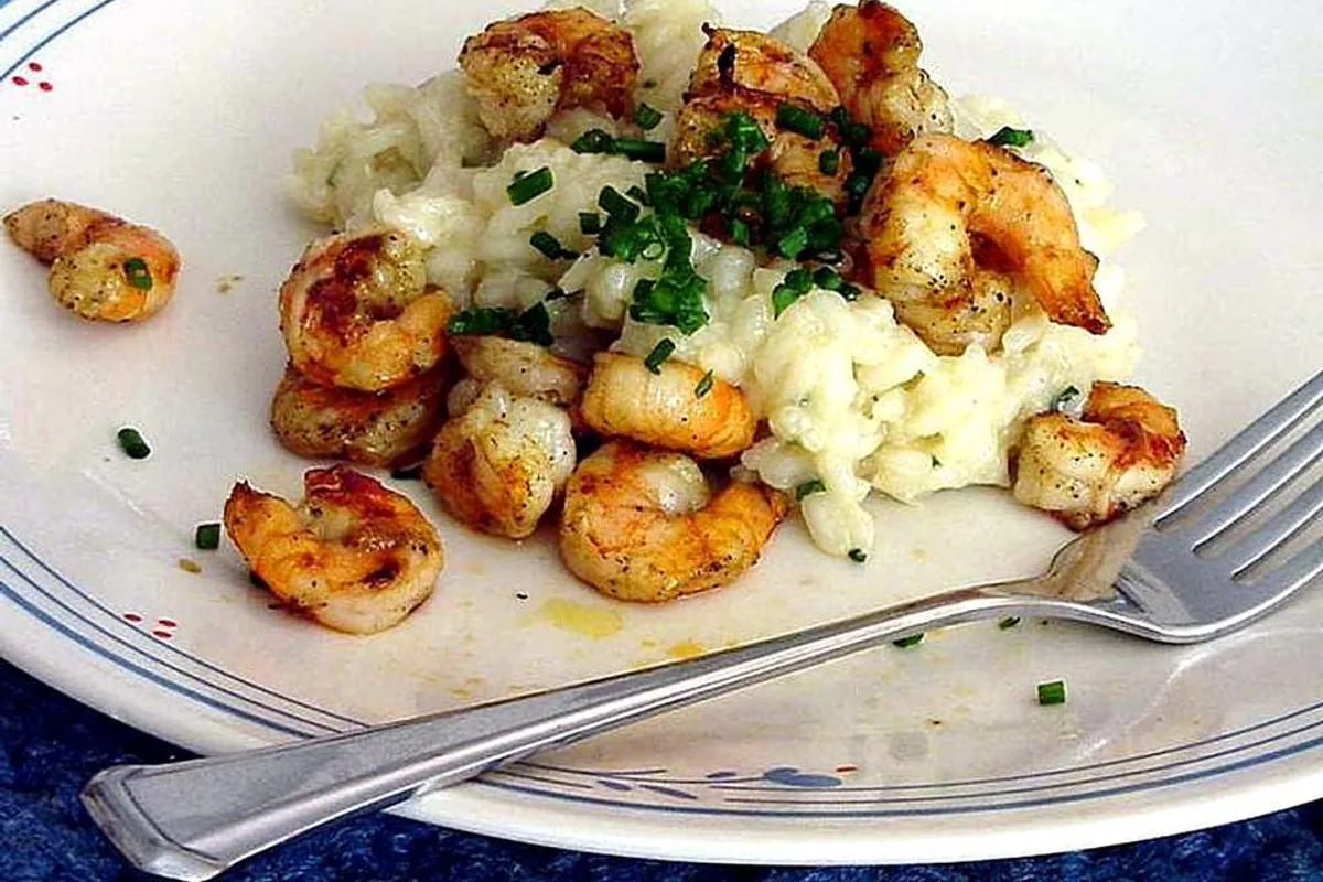 Seared shrimp over creamy lemon chive risotto with Parmesan