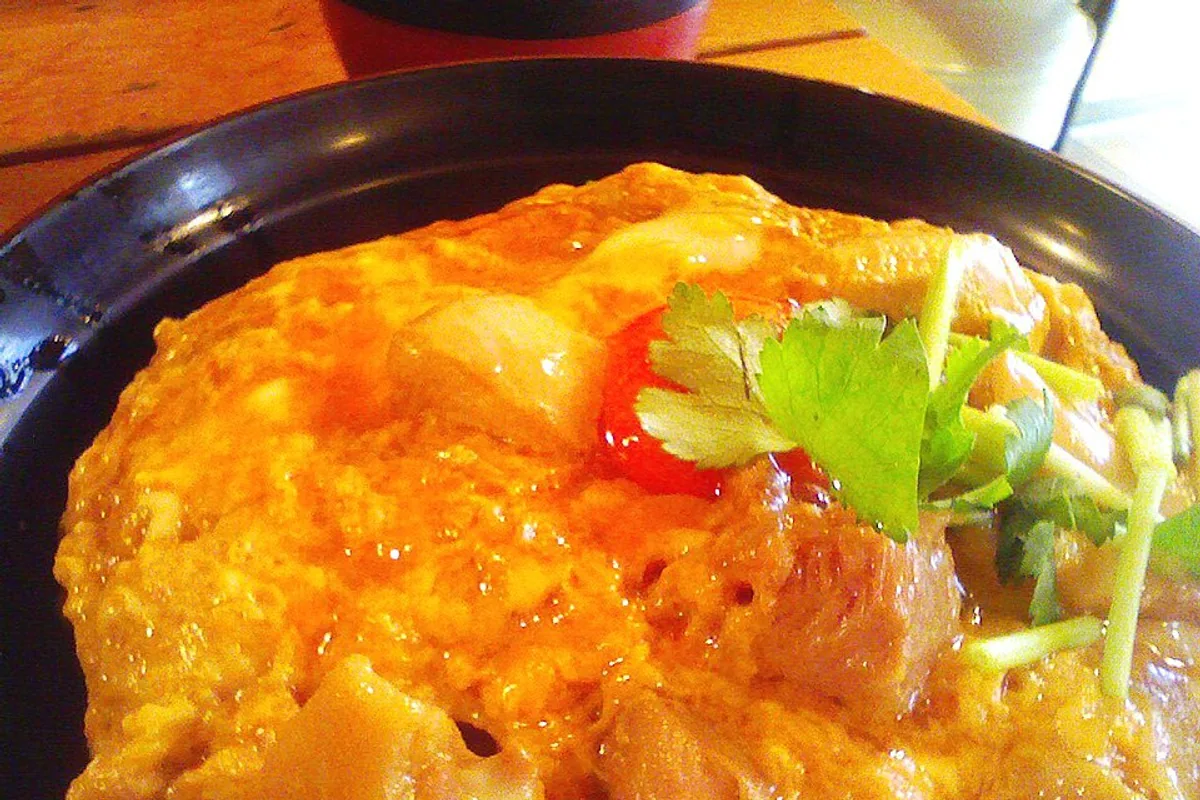Oyakodon bowl with chicken softly set egg scallions and rice