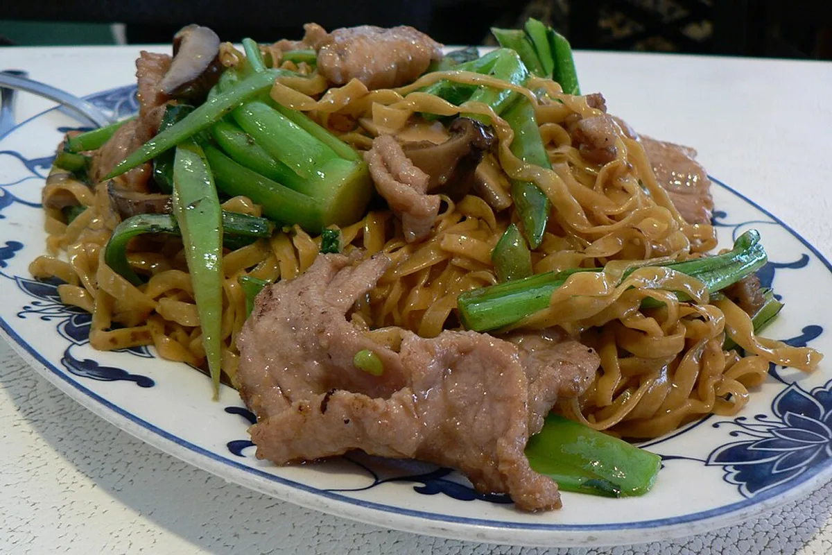 Pork lo mein with egg noodles snow peas carrots and scallions