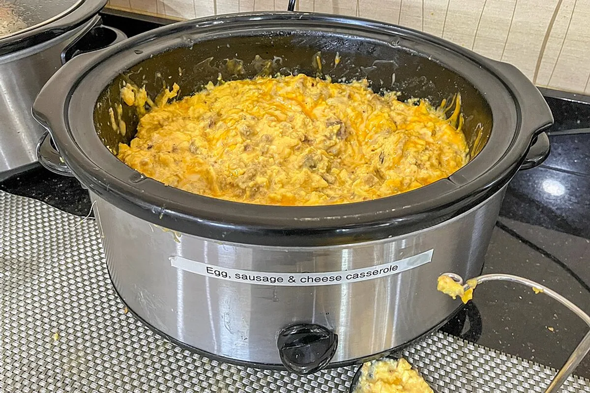 Egg sausage and cheese breakfast casserole in a slow cooker