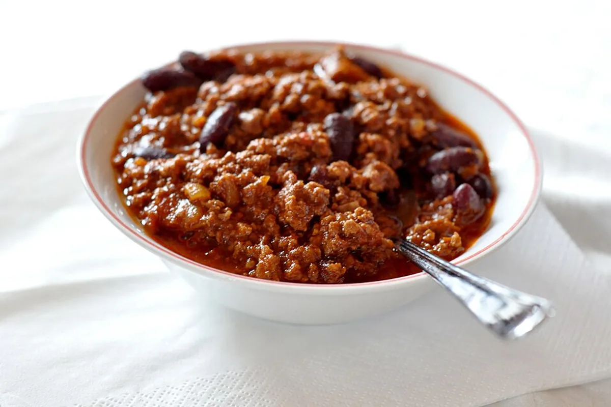 Bowl of thick beef and bean chili